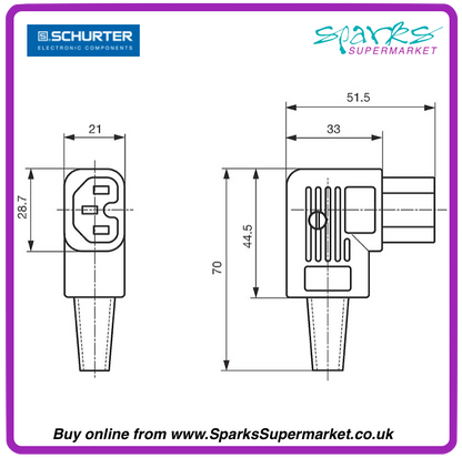 Right Angle IEC C15 Socket, 10A 250v